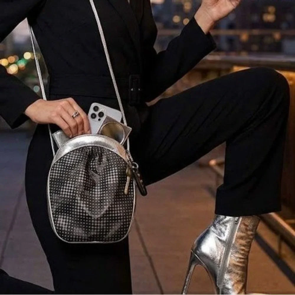 Vintage Stuart Weitzman Evening Bag Black Silver Metallic Polka Dot Retro Disco